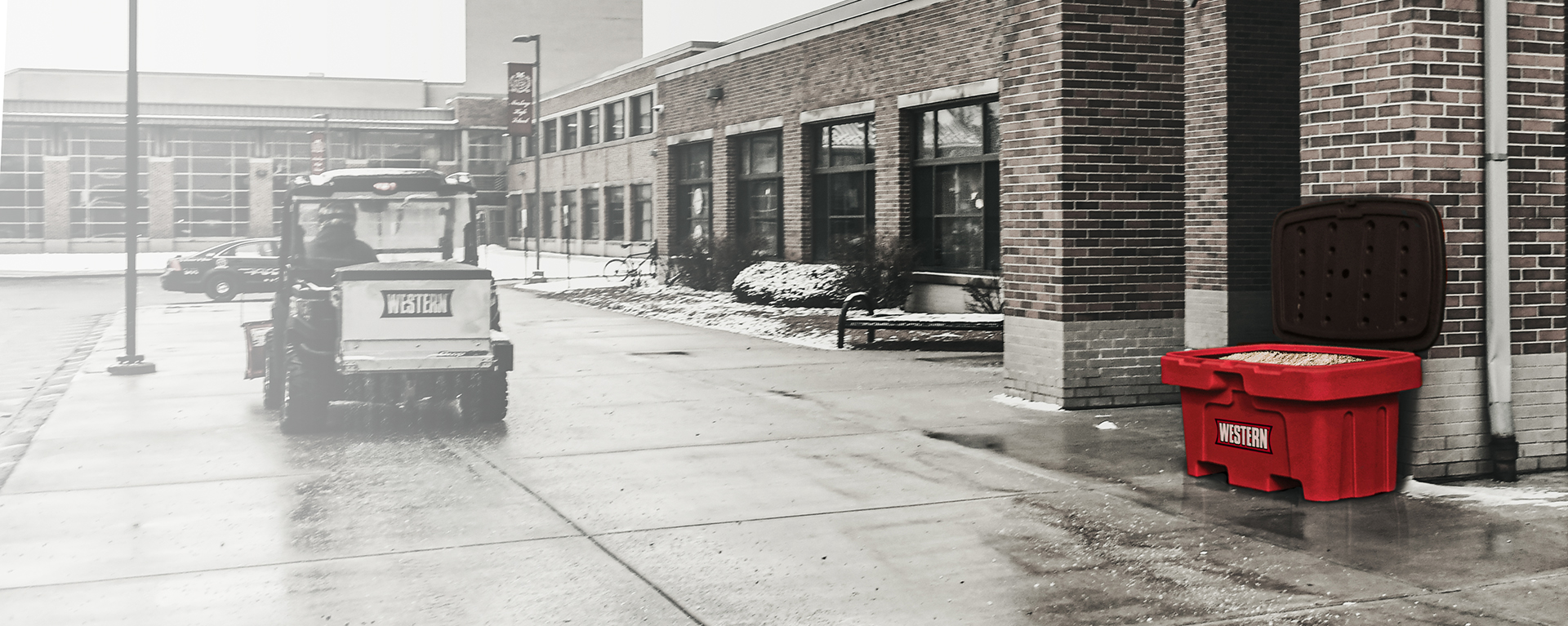 Storage container displayed alongside a wet street